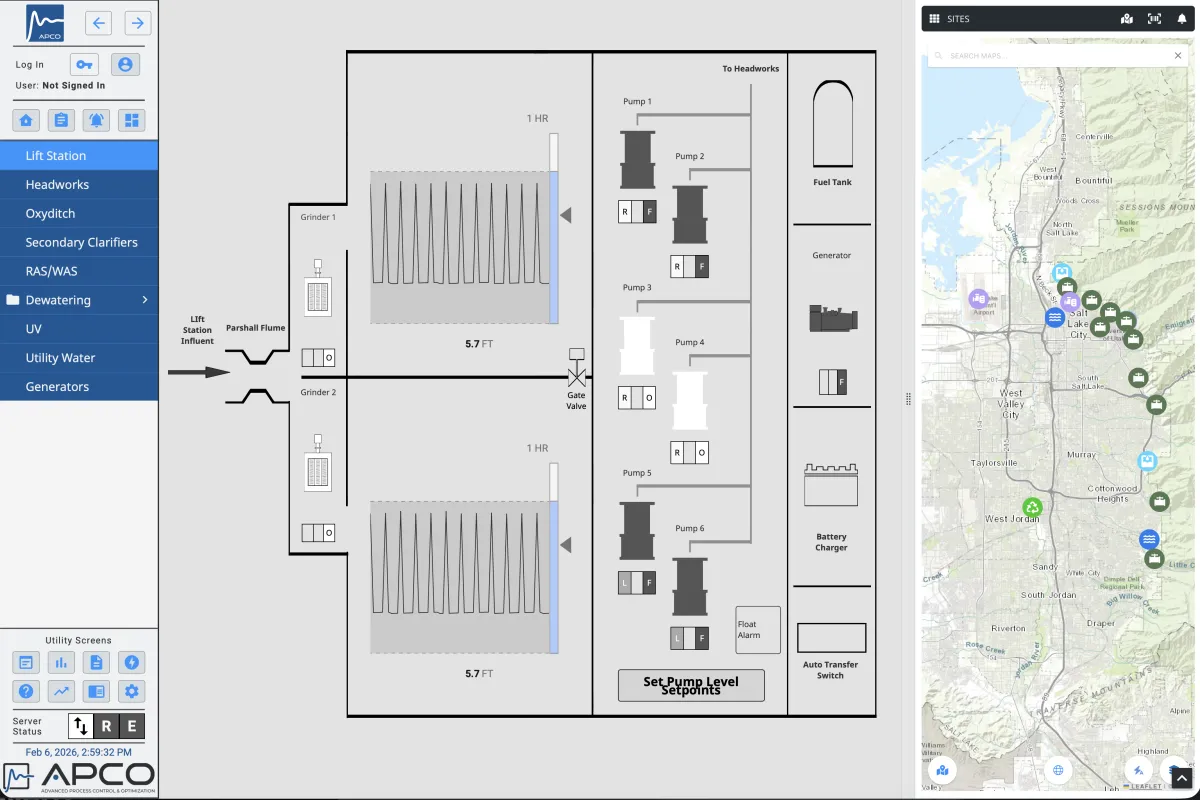 OCore SCADA integration showing facility schematic with alarm context